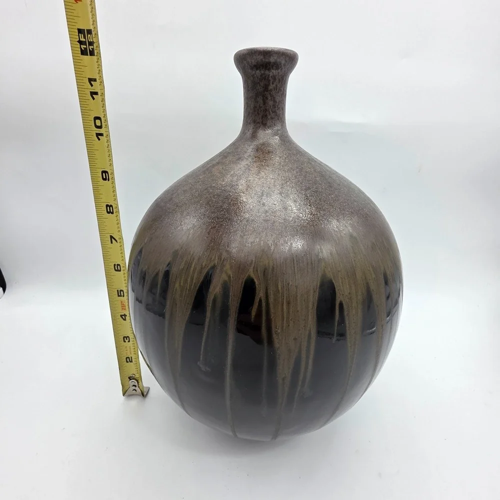 Vintage Large Hosley TM Brown Black Boho Drip Glaze Pottery Vase 12